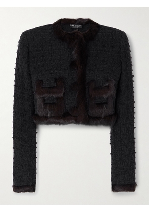 Dolce & Gabbana - Cropped Shearling-trimmed Cotton-blend Tweed Jacket - Black - IT36,IT38,IT42,IT44
