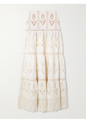Johanna Ortiz - Highlighted Fields Tiered Lace-trimmed Embroidered Voile Maxi Skirt - White - US0,US2,US4,US6,US8,US10,US12