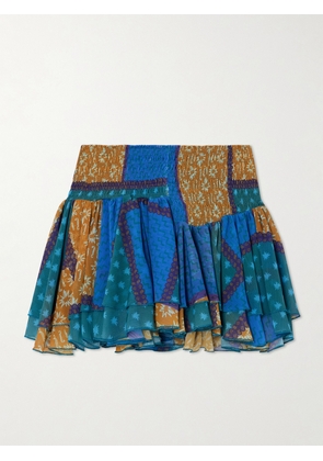 Donde Esteban - Estrellitas Tiered Smocked Printed Chiffon Mini Skirt - Blue - x small,small,medium,large,x large