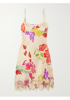 Donde Esteban - Flores Lace-trimmed Floral-print Silk-blend Satin Mini Dress - White - x small,small,medium,large,x large