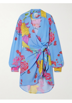 Donde Esteban - Cielo Floral-print Crepe Mini Wrap Dress - Blue - x small,small,medium,large,x large