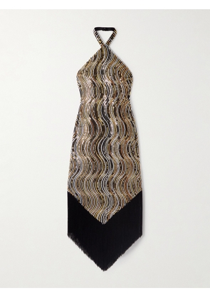 Taller Marmo - Nina Flapper Fringed Sequin-embellished Mesh Halterneck Midi Dress - Gold - IT36,IT38,IT40,IT42,IT44,IT46,IT48