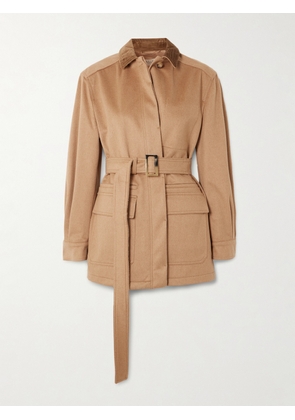 Max Mara - Leva Belted Corduroy-trimmed Camel Hair Jacket - Brown - UK 6,UK 8,UK 10,UK 12,UK 14,UK 16,UK 18