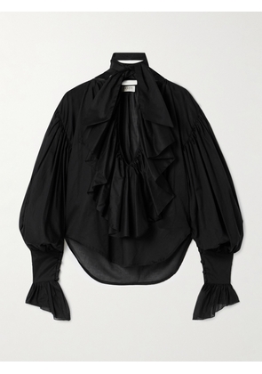 Salon 1884 - Giacomo Tie-neck Ruffled Cotton-voile Blouse - Black - FR 34,FR 36,FR 38,FR 40,FR 42,FR 44