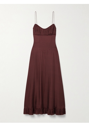 DÔEN - Rosaria Gathered Polka-dot Silk-blend Midi Dress - Burgundy - xx small,x small,small,medium,large,x large,xx large