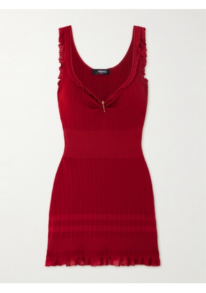 Versace - Embellished Ruffled Cable-knit Wool-blend Mini Dress - Red - IT36,IT38,IT40,IT42,IT44,IT46,IT48,IT50