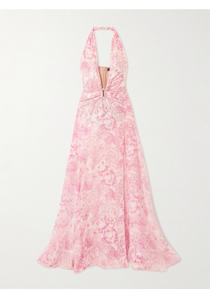 Versace - Embellished Metallic Printed Silk-blend Chiffon Gown - Pink - IT38,IT40,IT42,IT44