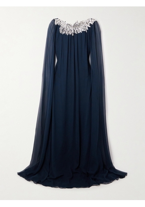 Oscar de la Renta - Cape-effect Embellished Silk-chiffon Gown - Blue - x small,small,medium,large,x large