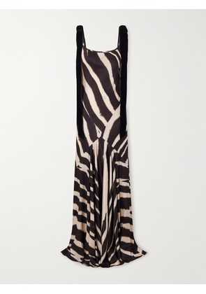 NINA RICCI - Bow-detailed Velvet-trimmed Zebra-print Satin Gown - Animal print - FR 34,FR 36,FR 38,FR 40,FR 42