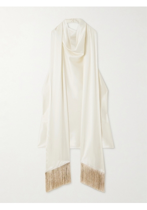 NINA RICCI - Fringed Scarf-detailed Draped Satin Halterneck Top - Cream - FR 34,FR 36,FR 38,FR 40,FR 42,FR 44