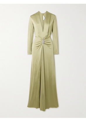 Victoria Beckham - Crystal-embellished Gathered Satin-jersey Gown - Green - UK 4,UK 6,UK 8,UK 10,UK 12