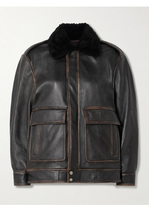 Nour Hammour - Drey Distressed Shearling-trimmed Leather Jacket - Black - x small,small,medium,large,x large