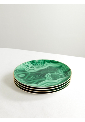L'Objet - Malachite Set Of Four Gold-plated Porcelain Dessert Plates - Green - One size