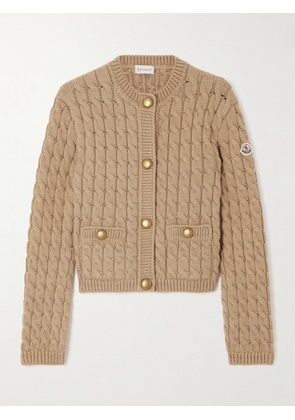 Moncler - Appliquéd Cable-knit Cotton-blend Cardigan - Neutrals - xx small,x small,small,medium,large,x large