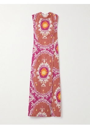 Marta Ferri - Six Button-embellished Printed Organic Cotton Midi Dress - Pink - S/M,M/L,L/XL