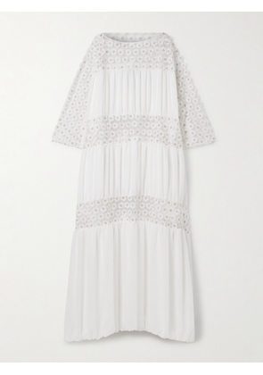 Dima Ayad - Oversized Gathered Embroidered Tulle And Crepe De Chine Maxi Dress - White - XS/S,M/L,XL/2XL,3XL/4XL