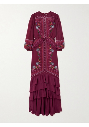 Saloni - Isa Long-c Ruffled Floral-print Silk Crepe De Chine Gown - Red - UK 4,UK 6,UK 8,UK 10,UK 12,UK 14,UK 16