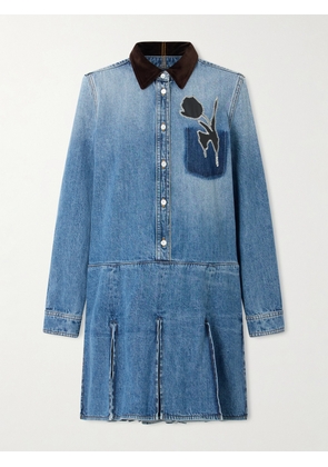 Marni - Velvet-trimmed Appliquéd Pleated Denim Mini Dress - Blue - IT38,IT40,IT42,IT44,IT46