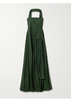 Elie Saab - Scarf-detailed Pintucked Silk Crepe De Chine Gown - Green - FR 36,FR 38,FR 40,FR 42,FR 44,FR 46