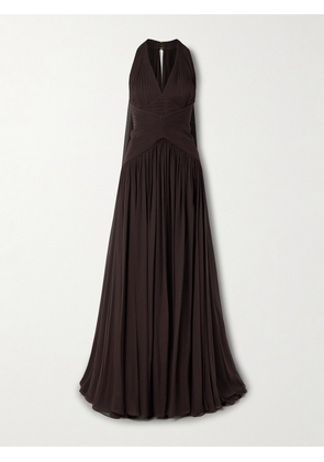 Elie Saab - Cape-effect Gathered Silk-georgette Gown - Brown - FR 36,FR 38,FR 40,FR 42,FR 44,FR 46