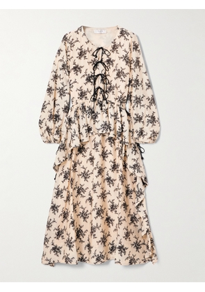 Sea - Joan Tie-detailed Ruffled Floral-print Voile Midi Dress - Cream - xx small,x small,small,medium,large,x large