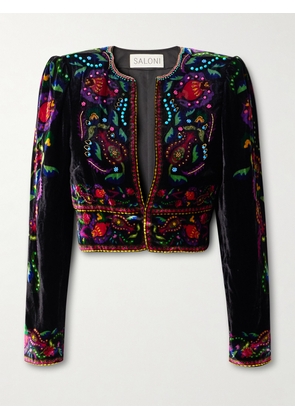 Saloni - Vika Cropped Beaded Printed Velvet Jacket - Black - UK 4,UK 6,UK 8,UK 10,UK 12,UK 14,UK 16