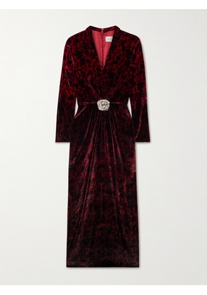 Saloni - Mya Crystal-embellished Gathered Printed Velvet Midi Dress - UK 4,UK 6,UK 8,UK 10,UK 12,UK 14,UK 16,UK 18