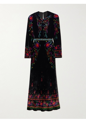 Saloni - Claudia Twisted Embellished Printed Velvet Midi Dress - Black - UK 4,UK 6,UK 8,UK 10,UK 12,UK 14,UK 16