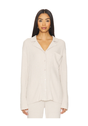 Barefoot Dreams CozyChic Ultra Lite Lurex Rib Button Front Shirt in Tan. Size L. Also in M, S, XL, XS.
