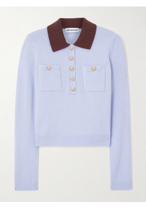 Self-Portrait - Two-tone Wool-blend Polo Shirt - Blue - x small,small,medium,large