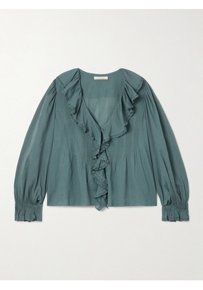 DÔEN - Hardy Lace-trimmed Ruffled Pintucked Organic Cotton-voile Blouse - Blue - xx small,x small,small,medium,large,x large,xx large