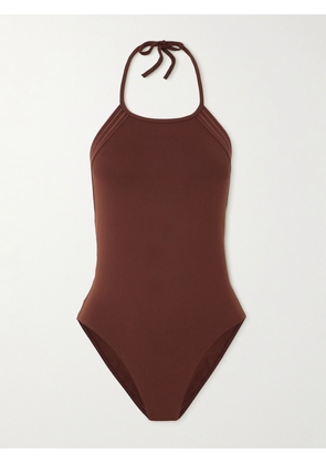 Eres - Evening Numero Metallic Striped Halterneck Swimsuit - Brown - FR 38,FR 40,FR 42,FR 44