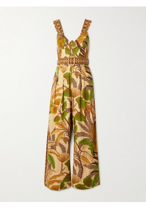 Farm Rio - Belted Shirred Printed Linen-blend Jumpsuit - Neutrals - xx small,x small,small,medium,large,x large