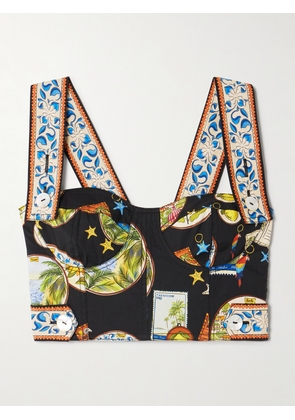 Farm Rio - Cropped Printed Cotton Bustier Top - Black - xx small,x small,small,medium,large,x large