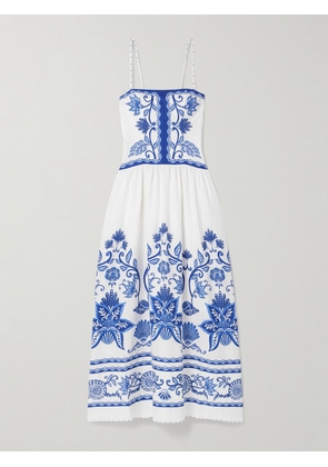 Farm Rio - Bead-embellished Printed Linen-blend Midi Dress - White - xx small,x small,small,medium,large,x large