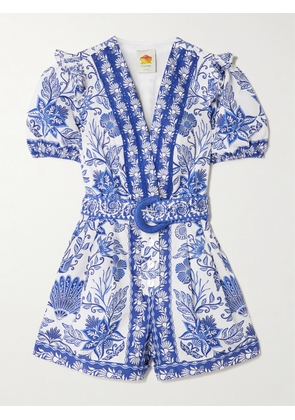 Farm Rio - Belted Printed Organic Cotton Playsuit - Blue - xx small,x small,small,medium,large,x large