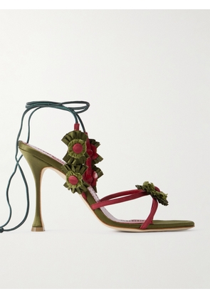 Manolo Blahnik - Palissot Leather-trimmed Appliquéd Grosgrain And Satin Sandals - Green - IT36,IT36.5,IT37,IT37.5,IT38,IT38.5,IT39,IT39.5,IT40,IT40.5,IT41,IT41.5,IT42