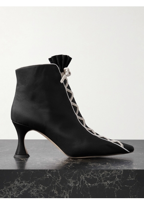 Manolo Blahnik - Nolhac 70 Ruffled Velvet-trimmed Silk Ankle Boots - Black - IT36,IT36.5,IT37,IT37.5,IT38,IT38.5,IT39,IT39.5,IT40,IT40.5,IT41,IT41.5,IT42