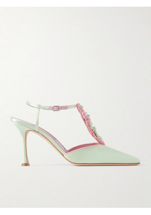 Manolo Blahnik - Hebes 90 Appliquéd Satin Mary Jane Pumps - Green - IT36,IT36.5,IT37,IT37.5,IT38,IT38.5,IT39,IT39.5,IT40,IT40.5,IT41,IT41.5,IT42