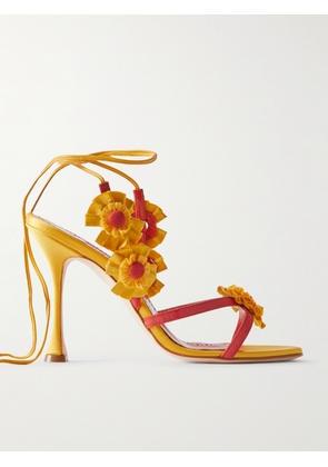 Manolo Blahnik - Palissot Leather-trimmed Appliquéd Grosgrain And Satin Sandals - Yellow - IT36,IT36.5,IT37,IT37.5,IT38,IT38.5,IT39,IT39.5,IT40,IT40.5,IT41,IT41.5,IT42