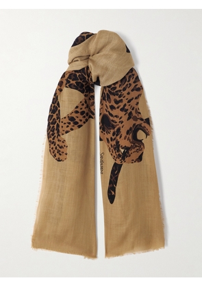 SAINT LAURENT - Frayed Printed Wool-twill Scarf - Brown - One size