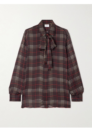 SAINT LAURENT - Pussy-bow Checked Silk-chiffon Shirt - Burgundy - FR 34,FR 36,FR 38,FR 40