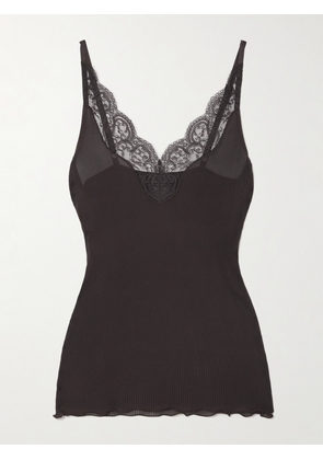 SAINT LAURENT - Lace-trimmed Ribbed Silk-jersey Tank - Brown - XS,S,M,L