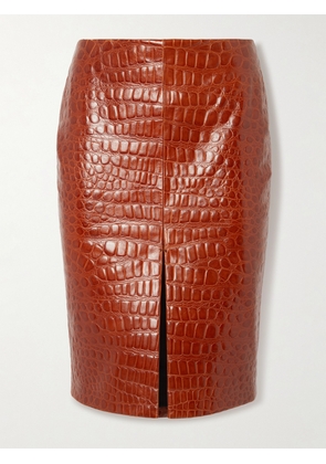 SAINT LAURENT - Croc-effect Leather Skirt - Brown - FR 34,FR 36,FR 38