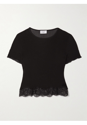 SAINT LAURENT - Cropped Lace-trimmed Ribbed Silk Top - Black - XS,S,M,L