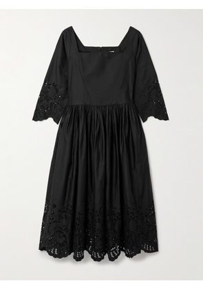 Thierry Colson - Amalia Pleated Broderie Anglaise Cotton-poplin Midi Dress - Black - x small,small,medium,large,x large