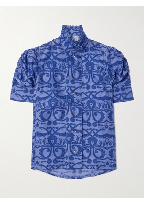 Thierry Colson - Vita Ruffled Ruched Printed Cotton And Silk-blend Blouse - Blue - x small,small,medium,large,x large