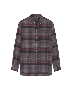 Beams Plus Open Collar Brushed Satin Plaid Shirt in Red. Size L. Also in S.