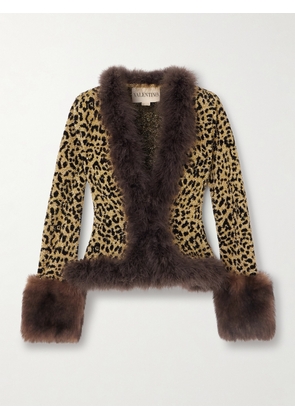 Valentino Garavani - Feather And Shearling-trimmed Leopard-jacquard Lurex Cardigan - Animal print - x small,small,medium