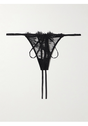 Kiki de Montparnasse - Jolie Tie-detailed Satin-trimmed Lace Thong - Black - x small,small,medium,large,x large